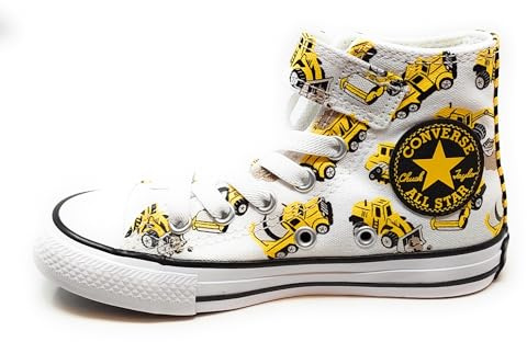 Converse Kinderschuhe, mittelgroß, aus weißem Segeltuch mit schwerem Fahrzeugmuster, Weiß, 29 EU