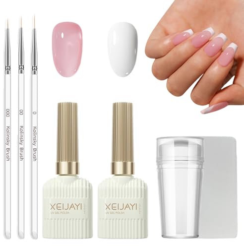 French Manicure Kit - Jelly Pink And White Gel Nail Polish Set for French Tips - French Gel Polish Set with 3pcs Nail Art Brushes and Stamper - Soak Off Uv/Led Nail Polish Kit for Women