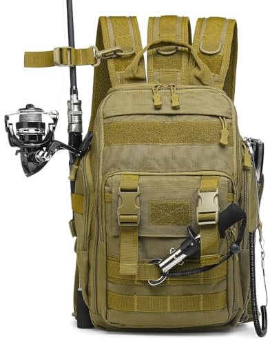 SUIKIHUM Angelrucksack mit Rutenhalter, Oxford wandelbare Angeltasche, Crossbody-Tasche mit mehreren Taschen für Damen und Herren, Khaki, Large, Casual