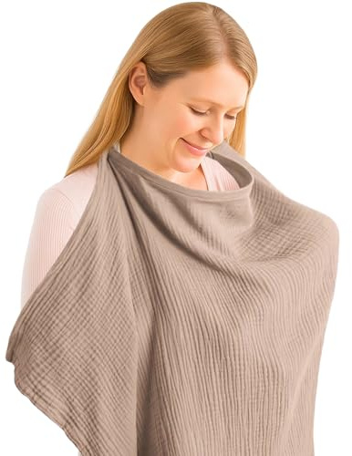 Breastfeeding Cover with Adjustable Strap, 360° Full Privacy Nursing & Pumping Cover, Multi-Use Muslin Cotton for Car Seat, Stroller, Baby Blanket, Soft, Breathable, Lightweight, Khaki