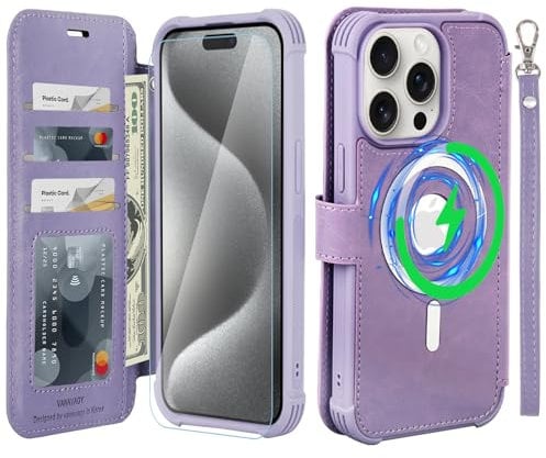 VANAVAGY Compatible for iPhone 15 Pro Wallet Case for Magsafe Wireless Charging,Leather Flip Wrist [Glass Screen Protectors and Camera Lens Protectors]with RFID Blocking Card Holder,Clove Purple