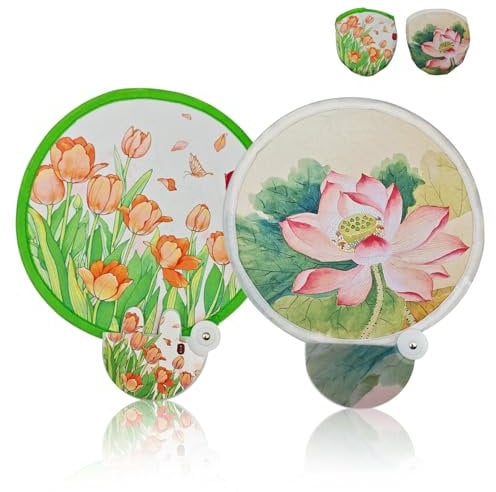 FOSDICK 2 PCS Round Folding Fan, Flowers Hand Fan Folding, Foldable Round Fans, Portable Summer Handheld Foldable Fans with Case Beautiful Patterns For Wedding Party Home Decor Personal Decoration
