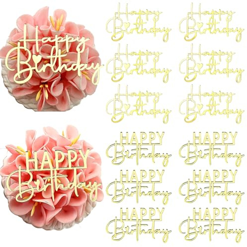 AiQi Bakes Happy Birthday Cupcake Topper, Gold Mirror Acrylic, 12 Pieces