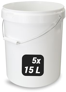 Trevendo 5X 15 Liter Eimer mit Deckel und Metallgriff, lebensmittelecht - luftdicht - stabil - stapelbar - Leereimer zur sicheren Lagerung inkl. Trevendo Beschriftungsetikett