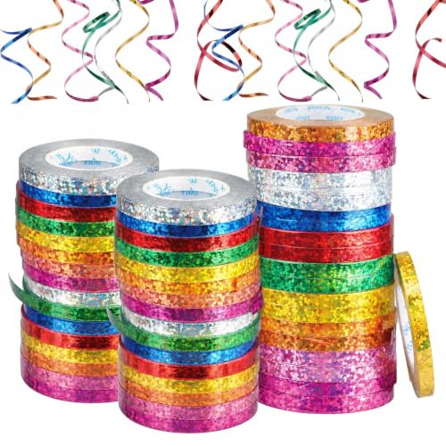 48 Rollen Luftschlangen, 8 Farben Metallic Geschenkband, 10 m | Glitzernden Ringelband für Geburtstag, Hochzeit, Silvester, Geschenkverpackung Deko