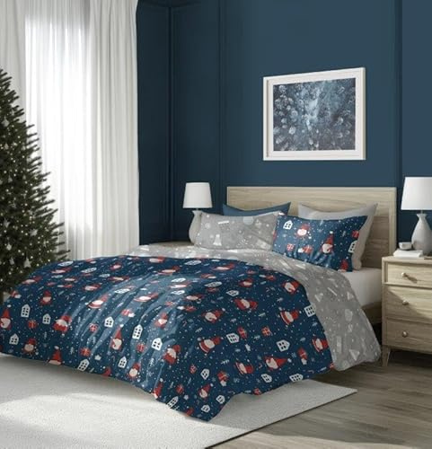 Faro Bettwäsche Set Baumwoll Weihnachtsbettwäsche (Dunkelblau Grau – Weihnachtsmann, 140x200 + 70x90 (2 TLG))