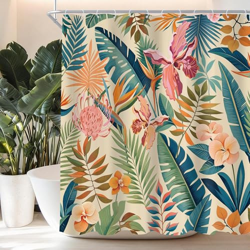 Colorful Tropical Retro Jungle Palm Leaf Bright Bathroom Shower Curtain Set | 72W x 72H Flower Floral; waterproof HD print, quick-dry fabric and plastic hooks for easy setup.