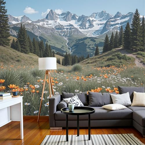 Seide Fototapete Französische Alpen 250x175cm - Naturlandschaft XXL Fototapeten - Wandtapete Tapete 3D Effekt für Schlafzimmer Wohnzimmer Wand Dekoration, Gelbgrün