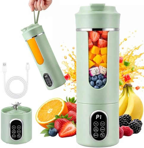 Portable Juicer Blender Bottle, 530ml Fruit Veggie Cup, Cordless Mini Blender USB Rechargeable Personal Blender Strong Cutting Power with 12 Blades Smoothies (Light green)