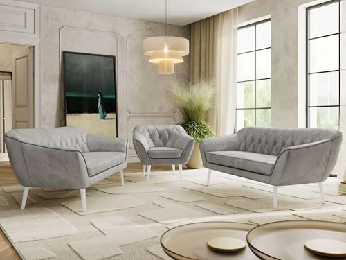 MKS MEBLE Sofagarnitur PIRS 3 + 3 + 1 - Couchgarnitur im skandinavischen Design, Gesteppte Polsterung, Wellenfederung, Wohnzimmer Sofa Set - Weiße Beine, Hellgrau Velvet