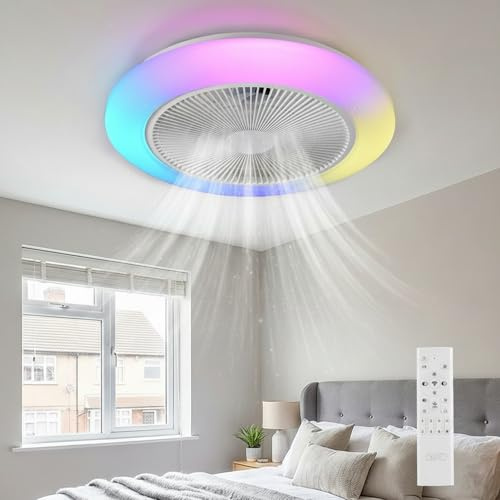LEONTYNE 50cm Smart RGB Deckenventilator mit Beleuchtung, APP & Fernbedienung, 7 RGB+3 CCT Dimmbar, Leiser DC Motor, Timer Memory Umkehrbar, Flach für Schlafzimmer Wohnzimmer Küche