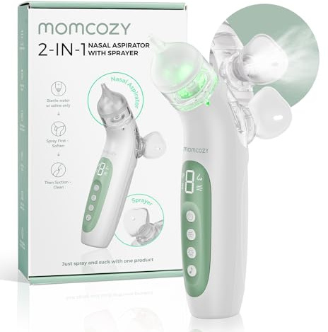 Momcozy Aspiratore Nasale Neonato Elettrico 2 in 1 con Spray, 65 kPa | 4 livelli regolabili, silicone senza BPA, spray con stop automatico 6 s, 2 parti rimovibili, 43 dB, luci e musica