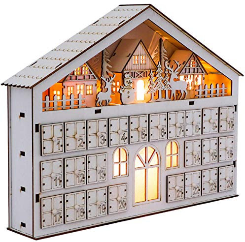 Valery Madelyn Holz Adventskalender mit LED Beleuchtung zum Befüllen Weihnachtsdekoration 30cm wiederverwendbar Weihnachtskalender Countdown bis Weihnachten Wald Thema Weiß MEHRWEG Verpackung