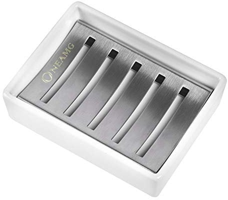 OneAmg Seifenschale, Keramik Sitz SUS 304 Edelstahl Seifenhalter Seifenablage Doppel Seifenkiste ohne Bohren für Bad, Küche, Keep Seife Bars Dry & Clean, einfache Reinigung, 4 rutschfeste Gummifüße