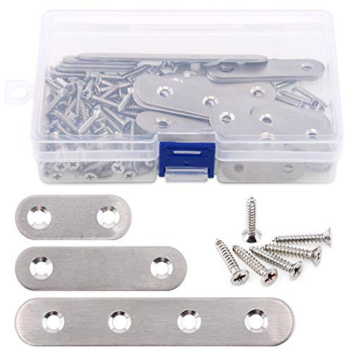 Glarks 35Pcs 4,6/6,4/10,2CM Edelstahl flache Verbindungsplatte mit 80Pcs Schrauben, Flachverbinder/Lochplatte/Flache Ecke Bracket Edelstahl für Reparatur Befestigung Holz/Möbel/ DIY Projekte