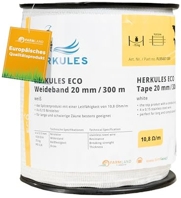 Farmland Herkules Power Weidezaunband - 300 Meter Weidezaun Band - Robustes Weideband mit Niroleitern - 20 mm breites Weidezaun Breitband für alle Tierarten