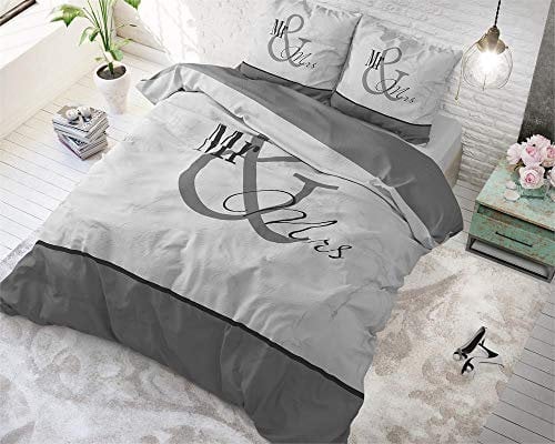 Sleeptime Bettwäsche Baumwolle Mr. and Mrs Marmor, 140cm x 220cm, Mit 1 Kissenbezüge 60cm x 70cm, Anthrazit