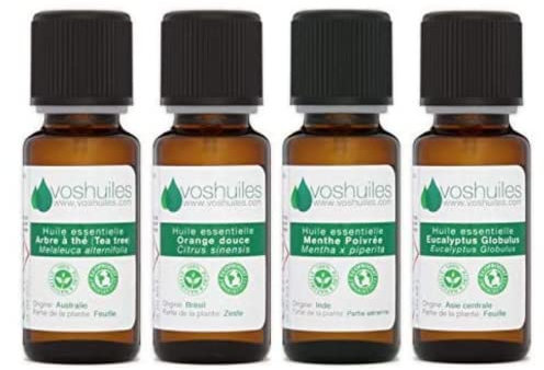 Pack de 4 Huiles Essentielles Bio - Les Indispensables pour l'Aromathérapie - Arbre à Thé, Eucalyptus Globulus, Menthe Poivrée, Orange Douce - Certifiés Ecocert - HEBBD - 4x10 ml - VOSHUILES