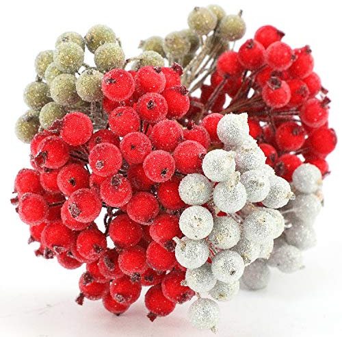 HOWAF 240pcs Navidad Bayas Artificiales Bayas de Acebo para Guirnaldas de Navidad Decoraciónes de Árbol de Navidad Manualidades Adorno, Rojo, Dorado y Plateado