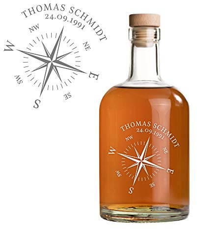 AMAVEL Bouteille en Verre pour Alcools Spiritueux et Liqueurs avec Gravure Personnalisée, Rose des Vents Nom et Date, Bouchon Hermétique, 700 ML
