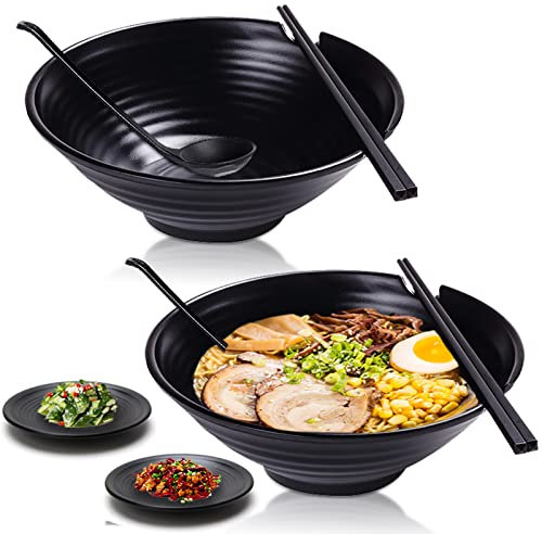 Vivimee Unbreakable Japanese Style Ramen Bowl Set of 2, 37oz Black Large Ramen Bowls and Spoons Set with Chopsticks & Saucers for Pho Thai Miso Udon Soup Noodles or Asian Food, Matte Melamine Bowls