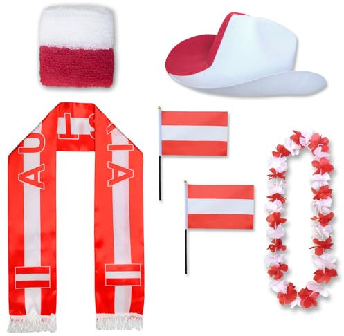 Sonia Originelli Fanset Fanartikel Fanhut Blumenkette Fanschal Schweißband Fähnchen WM EM Farbe: Österreich