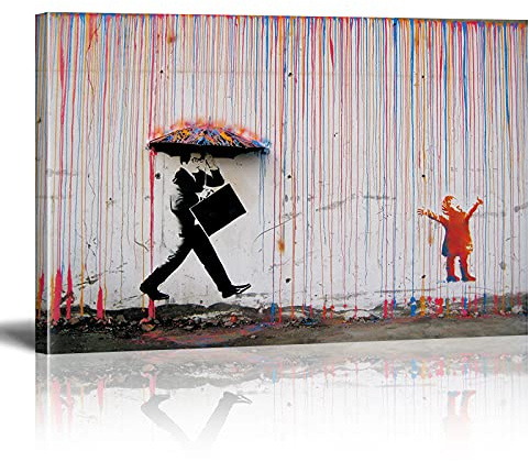 Banksy Bilder auf Leinwand Colorful Rain Graffiti Street Art Wand Bild Pop Art Gemälde Kunstdruck Modern Wandbilder XXL Wanddekoration Mit Rahmen (50x30cm)