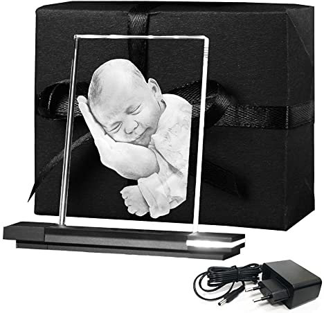 LOOXIS Photo en verre avec socle lumineux - Votre propre photo gravée au laser dans du véritable verre Viamant - Photo dans le verre comme cadeau photo (M portrait)