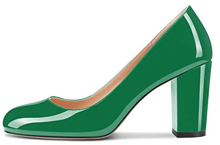 Aachcol Femmes Escarpins Bloc Chunky Haut High Talon Heel Fermé Rond Bout Slip-on Chaussures 8 CM Vert Foncé Vernis 39 EU