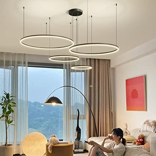 Pendelleucht Wohnzimmer Kupfer Lampe Esstisch Höhenverstellbar Deckenlampe LED Kronleuchter Moderne Stil Anhänger Mit Elegantem Designdimmbar Mit Fernbedienung Rund Ringe Hängeleuchte ,Schwarz,4 rings