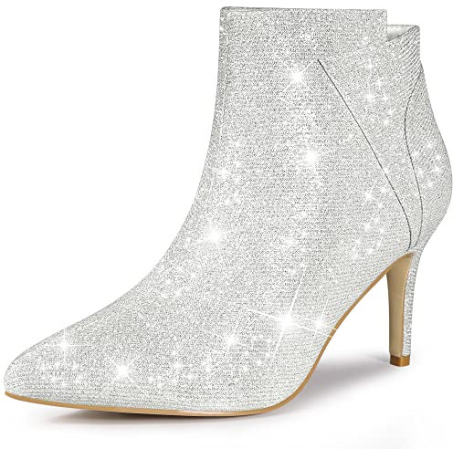 Allegra K Stivaletti da donna con tacco a spillo con cerniera e glitter, Argento, 40.5 EU