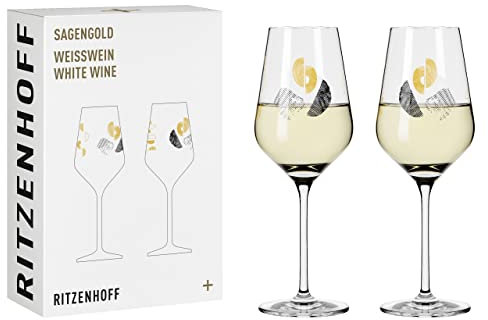 RITZENHOFF 3411002 Weißweinglas 400 ml - Serie Sagengold Nr. 2 – 2er Set mit Traubenmotiv, Echt-Gold – Made in Germany