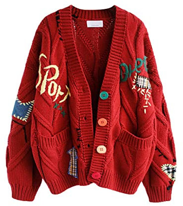 Women's Cable Knit Long Sleeve Open Front Cardigan Sheep V-Neck Button Down Embroidery Wool Blend Sweater Coat Outwear, Red, Small