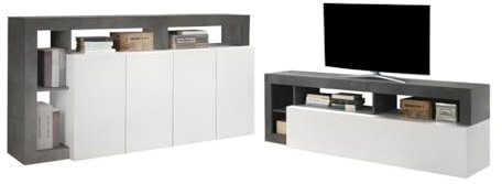 Vente-unique - Ensemble Buffet et Meuble TV - Blanc laqué et béton - Séjour Contemporain SEFRO