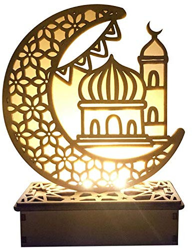 Ramadan LED Lampe Holz Deko Eid Mubarak Dekoration, Mond Stern Festival Dekoration Halbmond Nachtlicht für Muslimische Dekorative Gebetszubehör (A)
