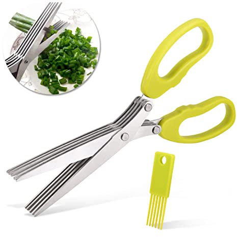 Tijeras Hierbas Acero Inoxidable Tijeras Cocina, Tijeras Cocina Multifunción 5 Cuchillas Tijeras de Hierbas Aromáticas con Peine de Limpieza, para Hierbas, Verduras, Menta, Cebolla- Verde