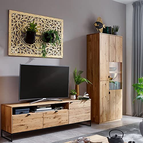 Massivholz Wohnwand in Wildeiche massiv geölt, 2 teilig - TV Lowboard & Vitrine - mit LED Beleuchtung, B/H/T ca. 290/200/40 cm