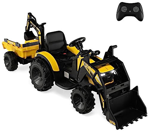 GYMAX 12V Kids Ride On Tractor, 3 in 1 Children Electric Car with Remote Control, Trailer, Adjustable Digging & Shovel Bucket, MP3/USB Port and Soft Start, Ride On Excavator for 3-8 Years Old (Yellow)