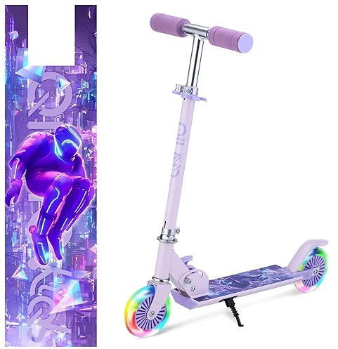 QIUYO Roller Kinder 4-7 Jahre, 2 LED Leuchtende Räder Kinderroller für Mädchen Jungenr, 3 Höhenverstellbare & Klappbar, Scooter für Kinder mit Ständer (Lila)