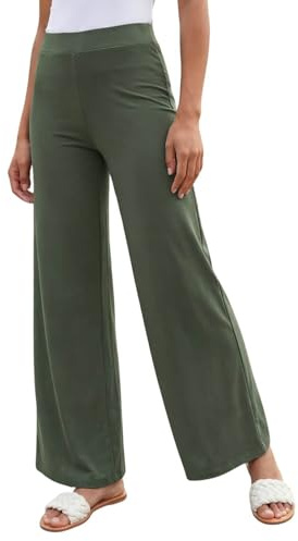 Roman Wide Leg Trousers for Women UK Ladies Palazzo Pants Evening Jersey Elasticated High Waist Smart Flared Culotte Office Work Going Out Loose Crepe Bottoms - Khaki - Size 12