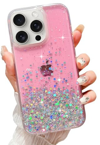 LCHULLE for iPhone 15 Pro Case Girls Women Glitter Bling Clear Cover Cute Crystal Slim Fit Bumper Silicone Phone Case for iPhone 15 Pro 6.1inch 2023,Pink