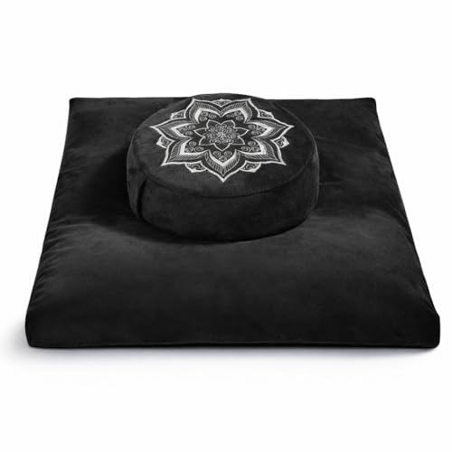 hunnidspace Meditationskissen mit waschbarem Premium-Samtbezug, Memory-Schaum, quadratisch, Bodensitz, mit Buchweizenfüllung, für Erwachsene und Kinder, Yoga, Lesen (schwarzes Bündel)