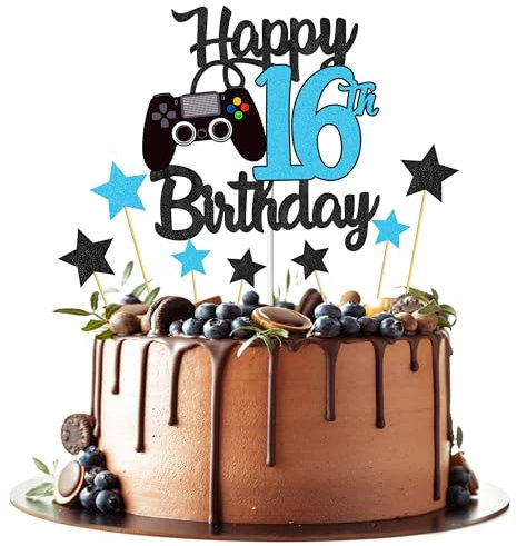 Joyeah Happy 16th Birthday Cake Topper Glitter Video Game Cake Pick Game On Cheers to 16 Years Cake Decoration for Game Theme Happy 16th Birthday Party Supplies Blue