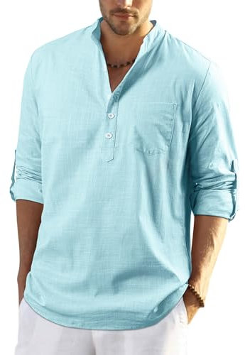 Enlision Mens Casual Linen Beach Shirt Long Sleeve Solid Button-Down Henley Shirt Roll Up Water Blue Henley Tops XL
