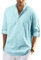 Enlision Mens Casual Linen Beach Shirt Long Sleeve Solid Button-Down Henley Shirt Roll Up Water Blue Henley Tops XL