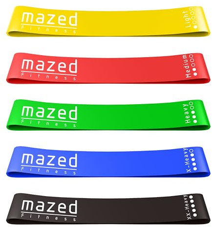 MAZED Bandas Elásticas para Fitness, Bandas Elásticas de Gomas, Bandas de Resistencia, Juego de 5, Caucho Natural, Bandas Elásticas para Culturismo con Bolsa de Malla Portátil y Guía de Usuario,Unisex