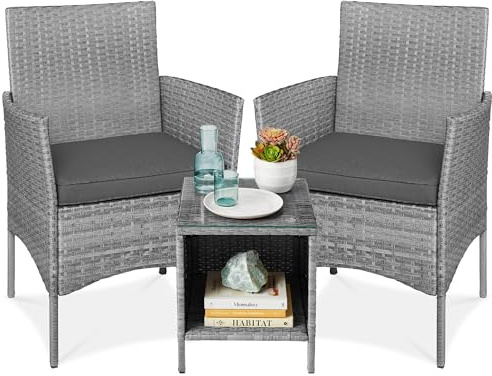 Best Choice Products 3-Piece Outdoor Wicker Conversation Bistro Set, Space Saving Patio Furniture for Garden w/Side Table - Gray/Gray