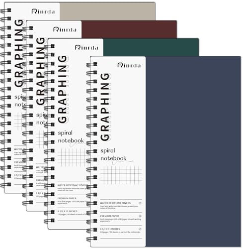 Rinrda Graph Paper Notizbuch, Spiralnotizbuch, 21,6 x 27,9 cm, 4 Stück, Rasterpapier, Grafik-Notizbuch, Ingenieur-Notizbuch, 120 Seiten, 100 g/m² dickes Grafikpapier, Notizbuch, Hardcover, Tagebuch