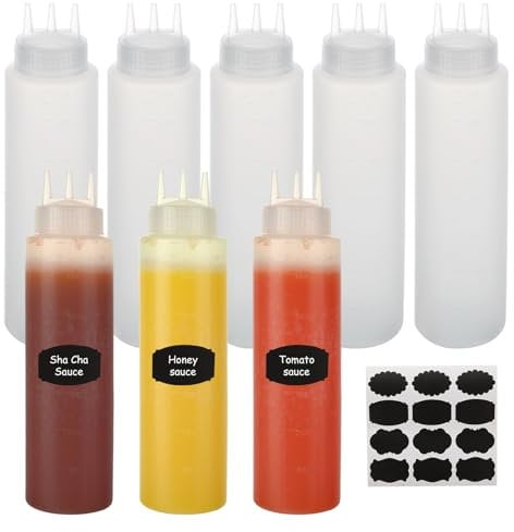VIDETOL 8 Pcs Squeeze Bottles for Sauces, 680ml/24oz Plastic Sauce Bottle with Cap Lids and Scale, 3-Hole Squeezy Sauce Bottles for Ketchup BBQ Dressing Paint Workshop Art Craft(Include Labels)