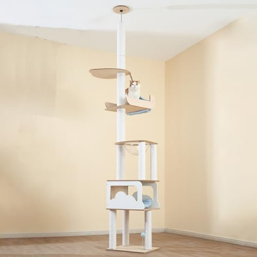 Large Cat Tree 5 Tiers Floor-To-Ceiling Cat Tree Tower with Cat Nest, Cat Climbing Tower Adjustable Height 100 To 116 Inches with White Cotton Rope Scratching Post, Space Capsule
